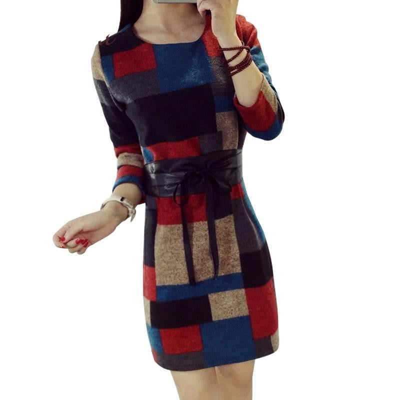 Winter Vintage Ladies Patchwork Women Office Casual Autumn Dresses Plus Size Clothing Long Sleeve DR50092