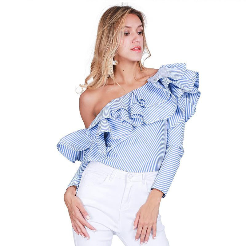 One shoulder ruffles blouse shirt women tops Casual blue striped shirt Long sleeve cool blouse