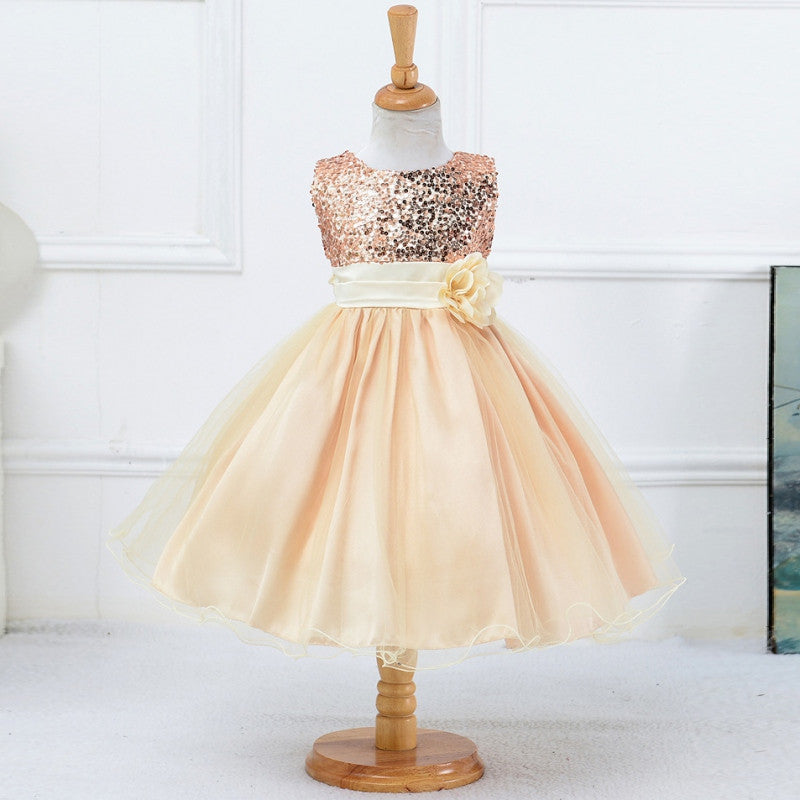 Princess Girl O-neck Sleeveless Sequined Floral Ball Gown Party Dresses One Piece Daily Dress