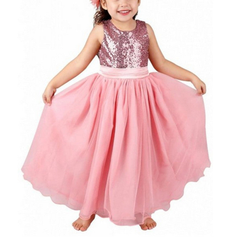 Princess Girl O-neck Sleeveless Sequined Floral Ball Gown Party Dresses One Piece Daily Dress