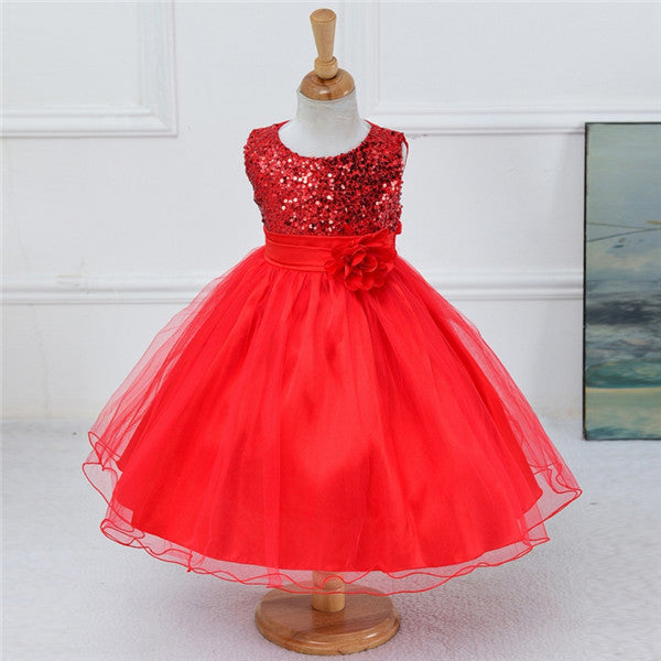 Princess Girl O-neck Sleeveless Sequined Floral Ball Gown Party Dresses One Piece Daily Dress