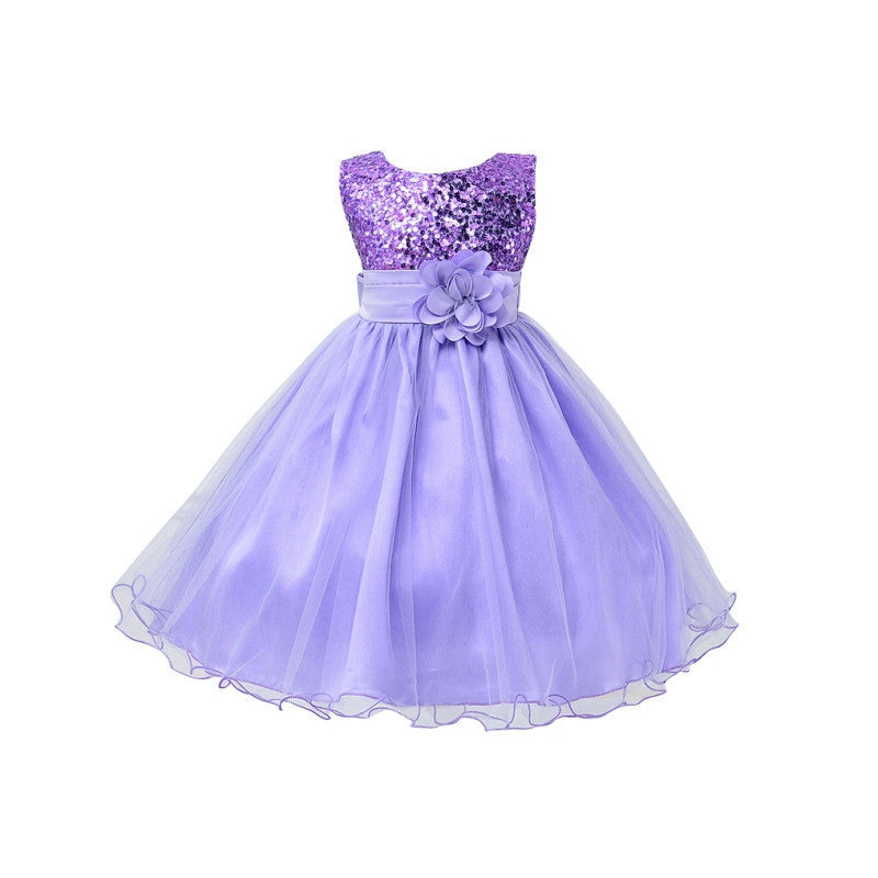 Princess Girl O-neck Sleeveless Sequined Floral Ball Gown Party Dresses One Piece Daily Dress