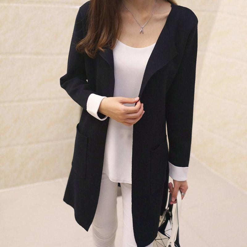 Women Sweater Cardigan Turn-down Collar Causal Pockets Full Sleeve Patchwork Cardigans Long Coat