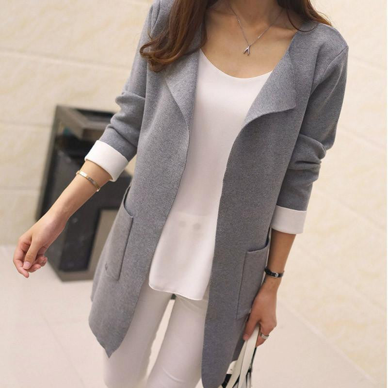 Women Sweater Cardigan Turn-down Collar Causal Pockets Full Sleeve Patchwork Cardigans Long Coat