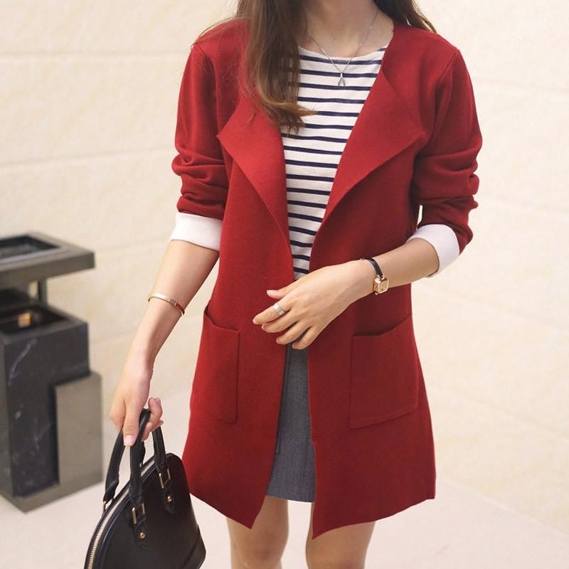 Women Sweater Cardigan Turn-down Collar Causal Pockets Full Sleeve Patchwork Cardigans Long Coat