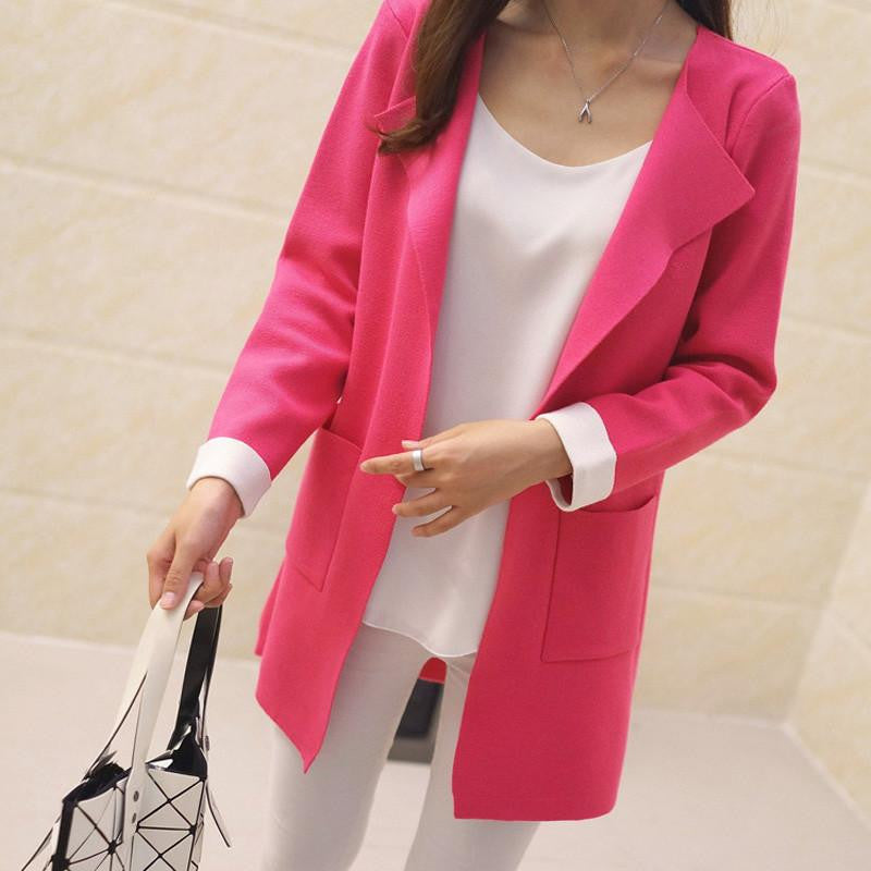 Women Sweater Cardigan Turn-down Collar Causal Pockets Full Sleeve Patchwork Cardigans Long Coat