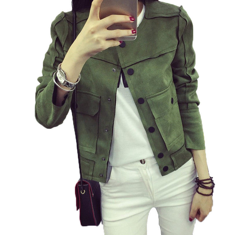 Retro Military Green Jacket Fashion Casual Suede Outerwear Coats Women Tops