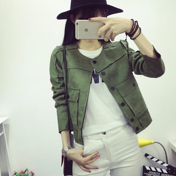 Retro Military Green Jacket Fashion Casual Suede Outerwear Coats Women Tops