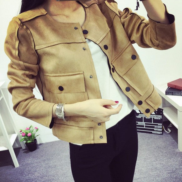 Retro Military Green Jacket Fashion Casual Suede Outerwear Coats Women Tops