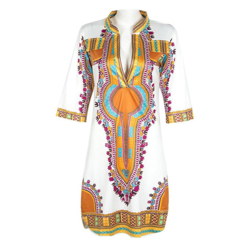 Women Summer Casual Deep V-Neck Traditional African Dashiki Print Knee Dress