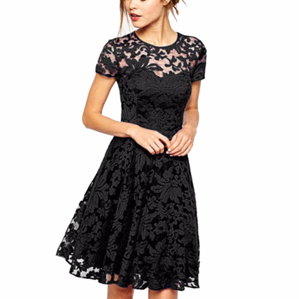 Online discount shop Australia - Fashion Women Summer Party Mini Dress Short Sleeve Blue Red Black Lace Dresses Lady