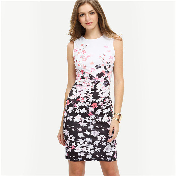 Online discount shop Australia - COLROVIE New Summer Style Bodycon Dresses Vintage Ladies Sexy Fitness Floral Print Sleeveless Crew Neck Dress