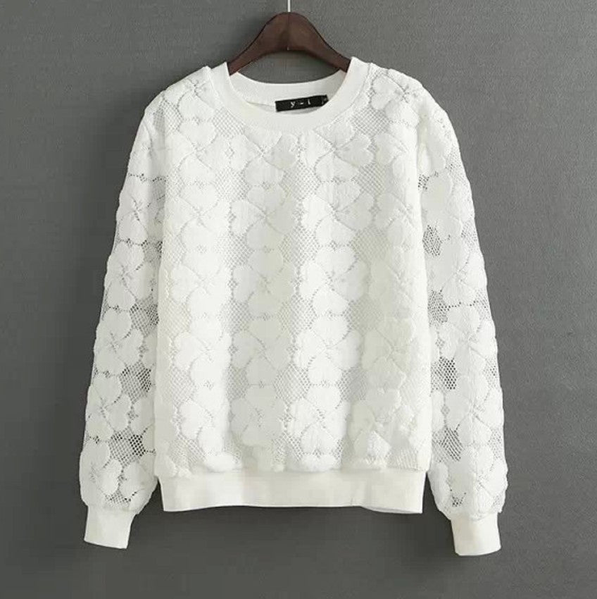 Round Neck Hedging Sweatshirt Women Lace Hollow Out Female Hoodies All-Match Bottoming