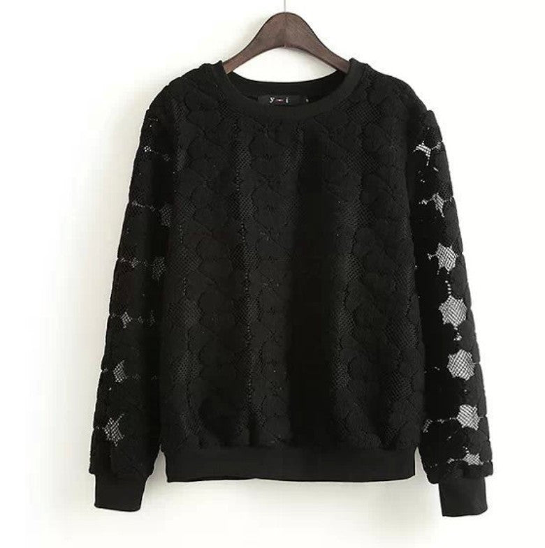 Round Neck Hedging Sweatshirt Women Lace Hollow Out Female Hoodies All-Match Bottoming