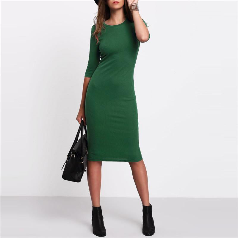 Work Summer Style Women Bodycon Dresses Arrival Casual Green Crew Neck Half Sleeve Midi Dress