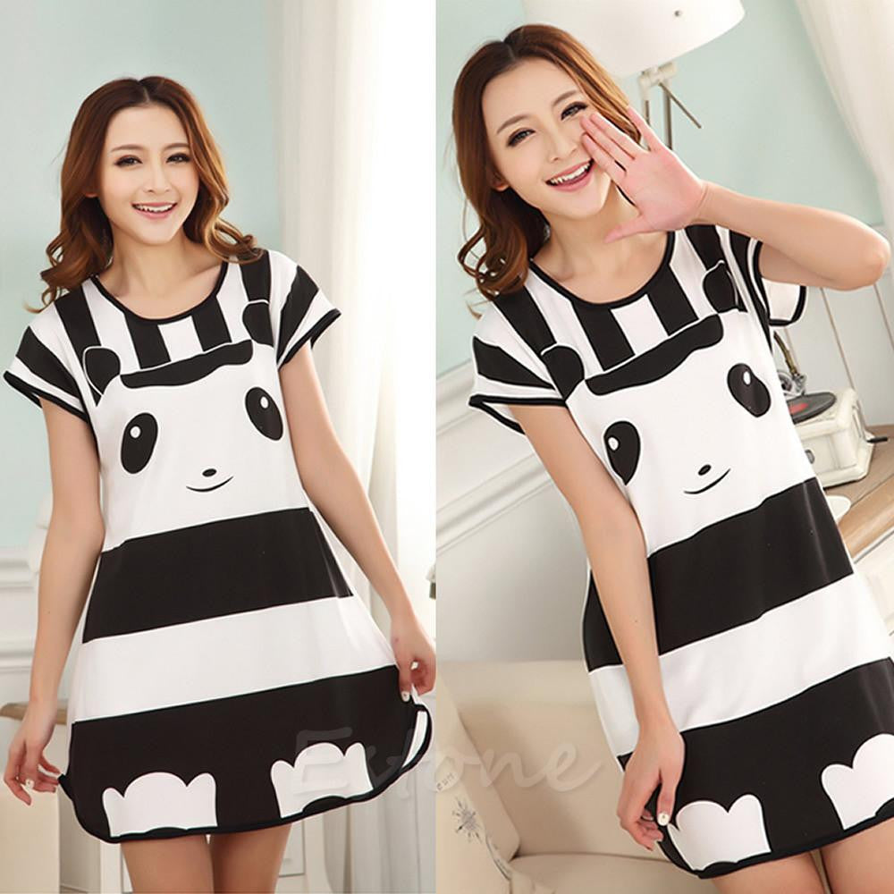 Women Cartoon Polka Dot Sleepwear Short Sleeve Sleepshirt Sleepdress