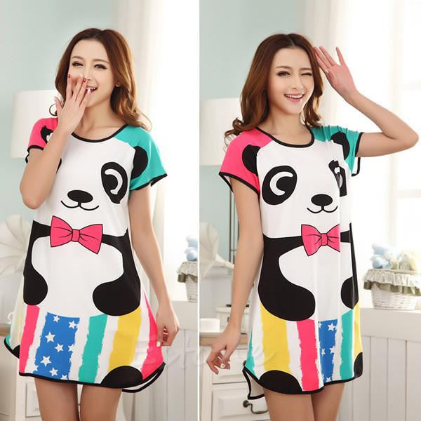 Women Cartoon Polka Dot Sleepwear Short Sleeve Sleepshirt Sleepdress