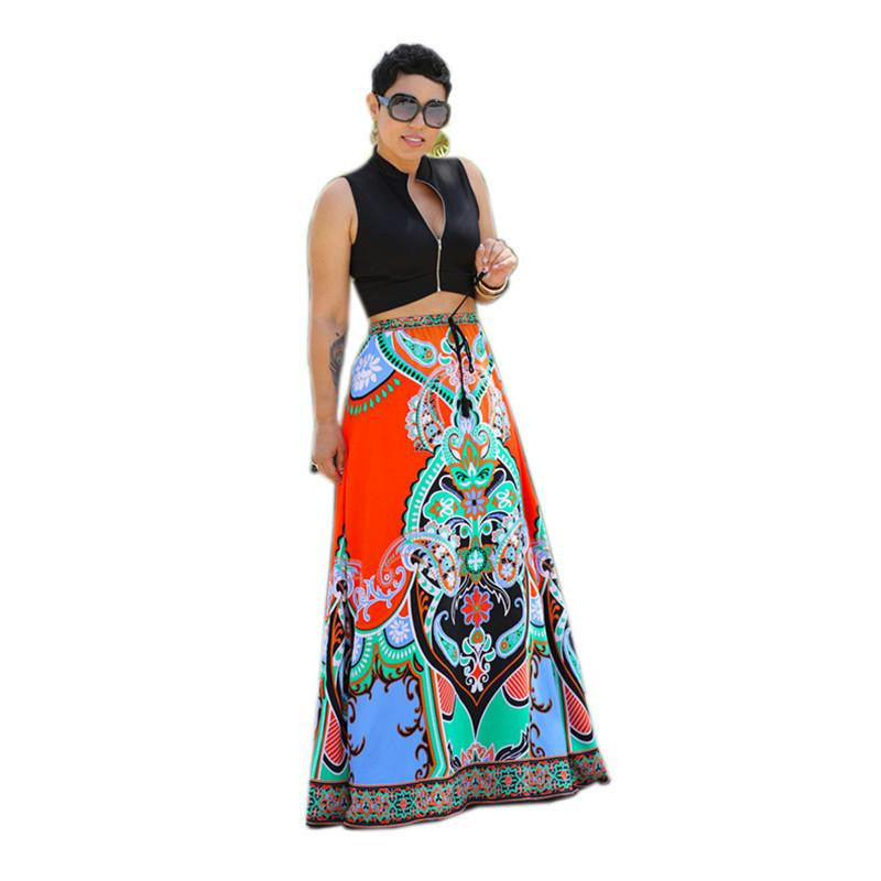 Women African Style Floral Print Maxi Flower Elastic Waist Long Skirt