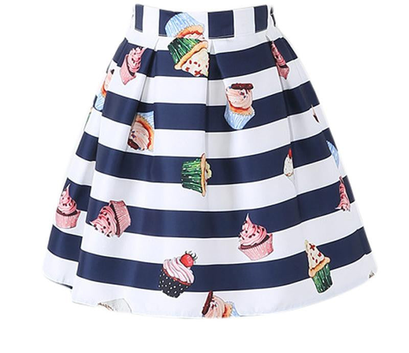 Striped Women Lolita Skirt White Blue Fringe Cake Print Women Short Pleated Skirt