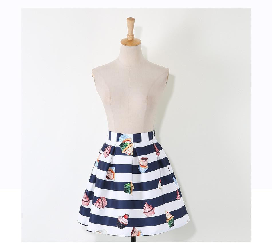 Striped Women Lolita Skirt White Blue Fringe Cake Print Women Short Pleated Skirt