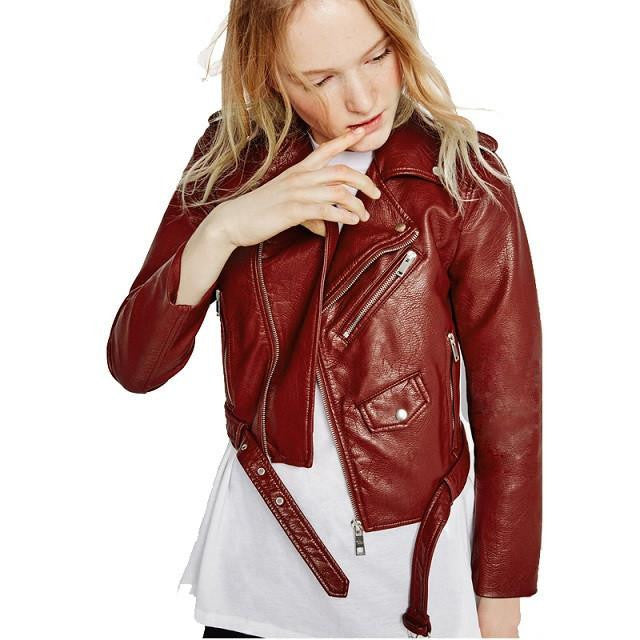 Short Jacket Zipper Fashion Faux Leather Moto Biker Womens Leather Epaulet Belt Basic Coat Women Outwear Coat