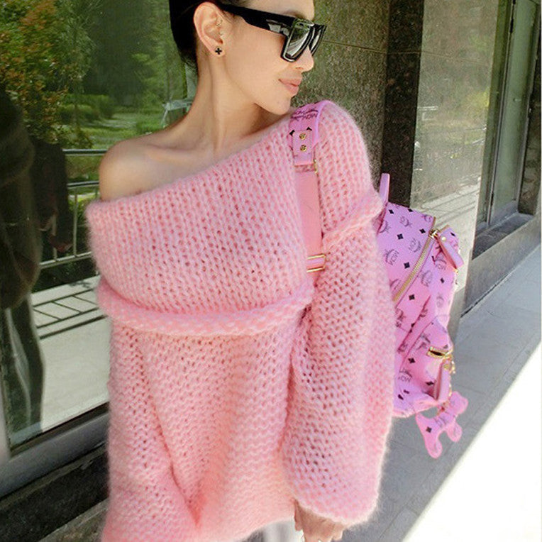 Online discount shop Australia - Lovely Pink Women Sweater Slash Neck Off Shoulder Loose Long Sleeve Hollow Sexy Coarse Lines Knitted Pullovers