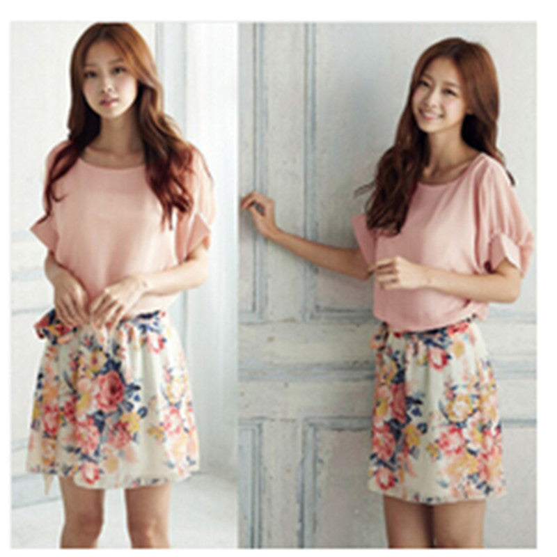 Fashion Women Floral Chiffon Bat Sleeve Casual Dress Pink and White