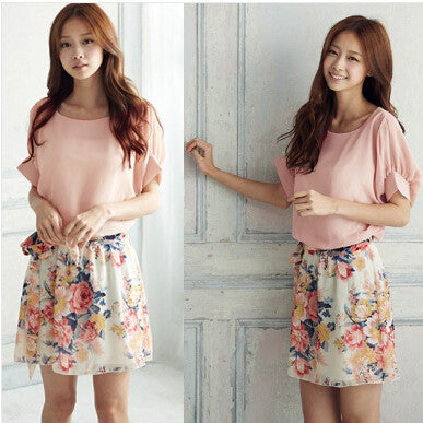 Fashion Women Floral Chiffon Bat Sleeve Casual Dress Pink and White