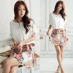 Fashion Women Floral Chiffon Bat Sleeve Casual Dress Pink and White