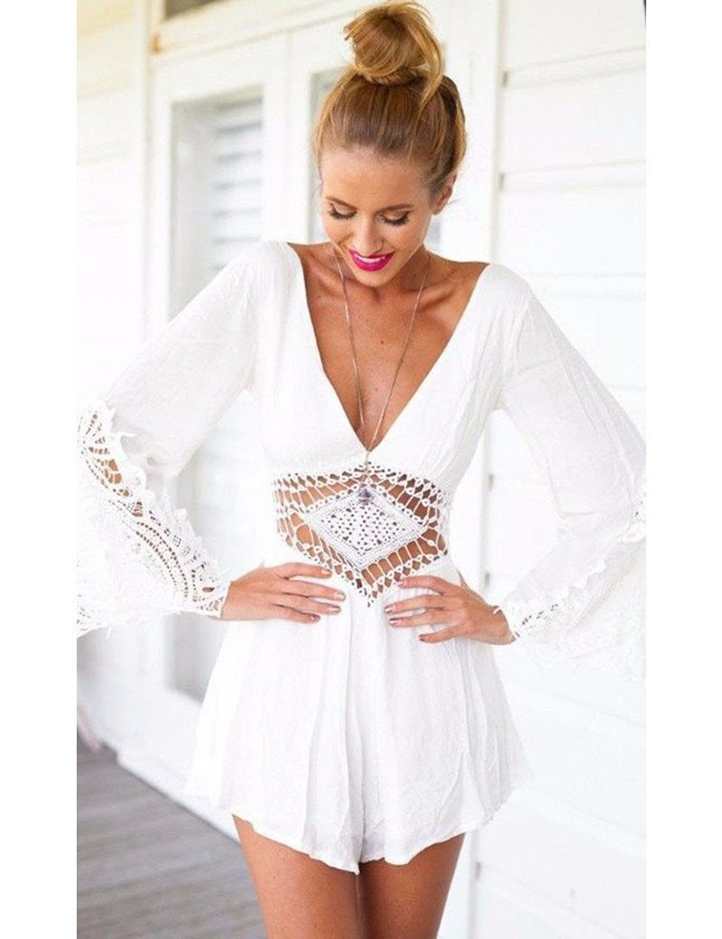 Summer Overalls Ladies Dress White V Neck Chiffon Elegant Women Rompers Lace Casual Loose dress