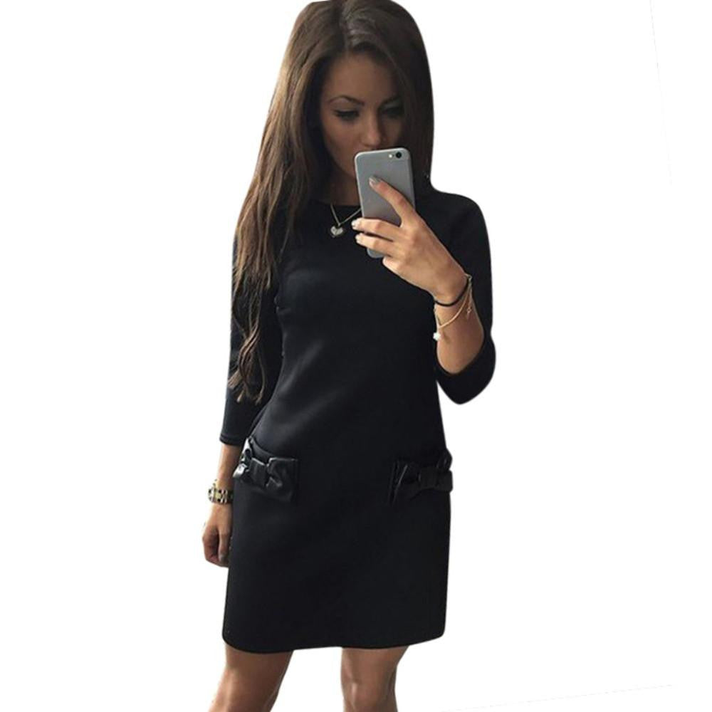 Women Bow Mini Dresses Winter Straight Casual Dresses 3/4 Sleeves Solid Dresses RF