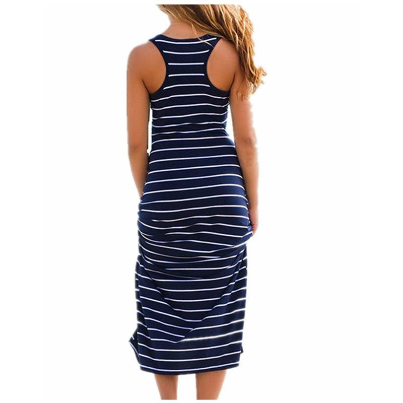 Plus Size Women Maxi Long Dress Summer Style Ladies Beach Vest Dress Striped Boho Long Sleeveless Casual Vestidos M0095