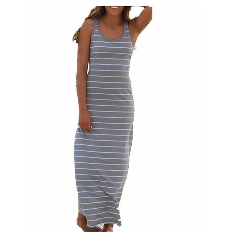 Plus Size Women Maxi Long Dress Summer Style Ladies Beach Vest Dress Striped Boho Long Sleeveless Casual Vestidos M0095