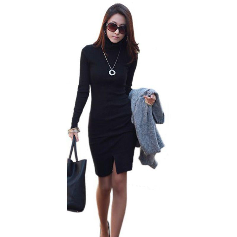 Women Casual Turtle Neck Long Sleeve Slim OL Lady Bodycon Knit Dress Long Warm Sweater