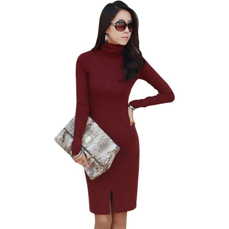 Women Casual Turtle Neck Long Sleeve Slim OL Lady Bodycon Knit Dress Long Warm Sweater