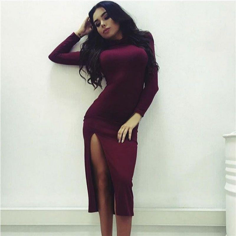 Club Dress Autumn Winter Turtleneck Dresses High Split Bodycon Party Dress Long Sleeve Midi Bandage Dress Vestido