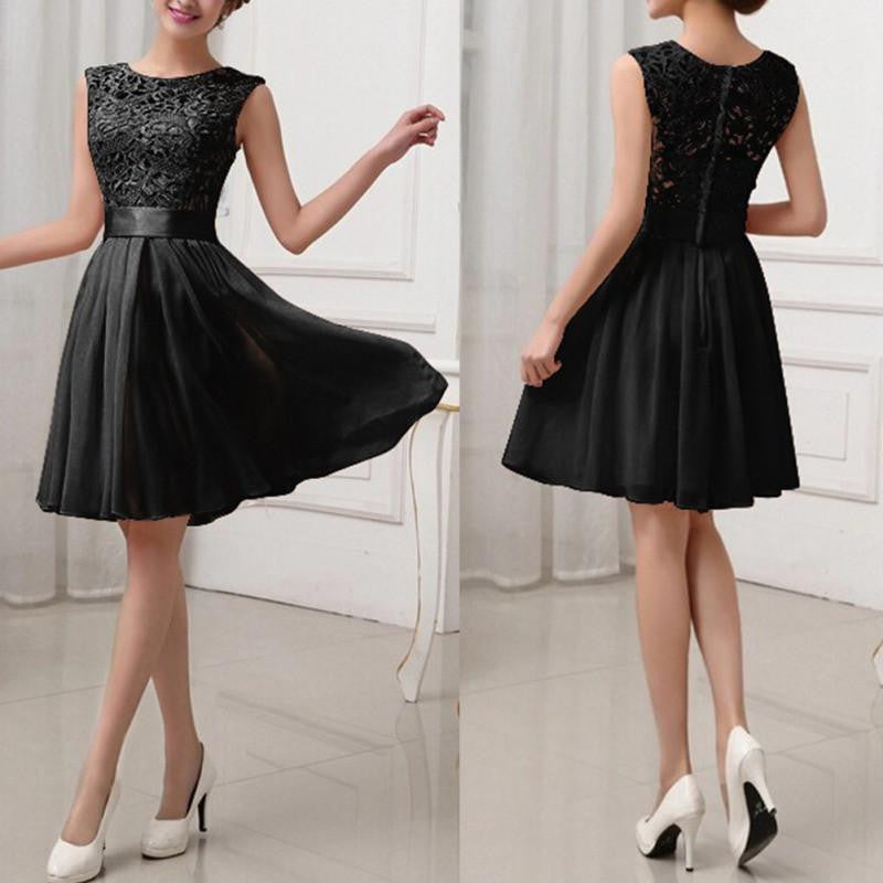 Women Lace Chiffon Dress Sleeveless O-neck Knee Length Solid Dress