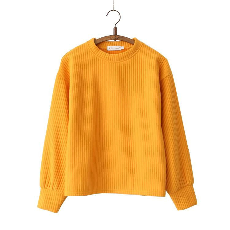 Women Ribbed Sweatshirt Solid Long Sleeves Round Neck Women Sweatshirts Plus Size M-XXL