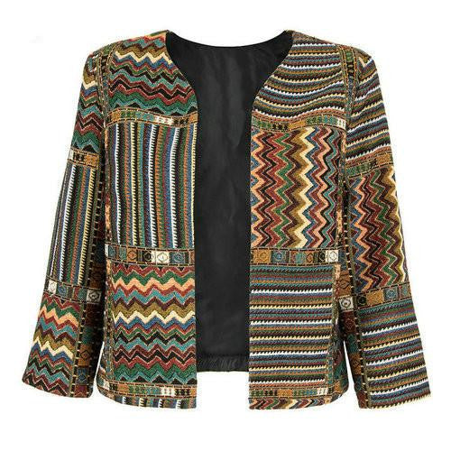 Yellow Slim Geometric Folk Tribal Striped Jacket Coat Outwear Open Front Three Quarter Sleeve Casual Women