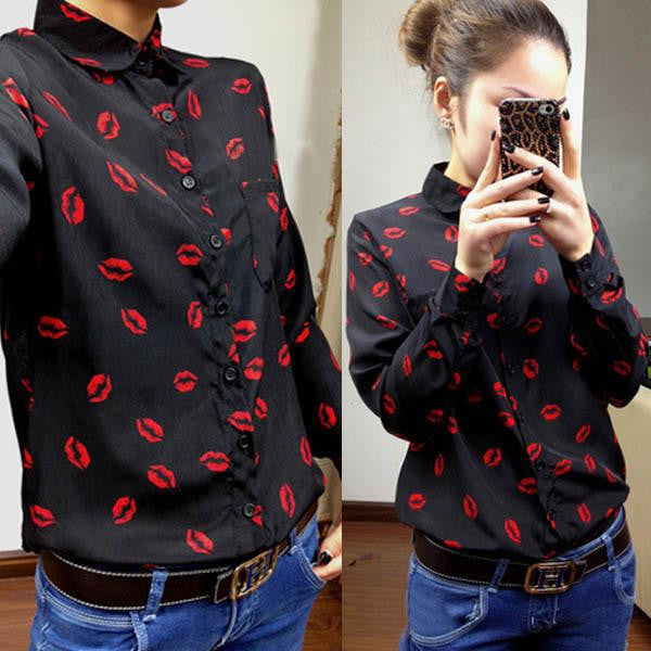 Women Chiffon blouses Kiss Red Lip Printed Blouses Tops Long Sleeve Shirt Plus Size