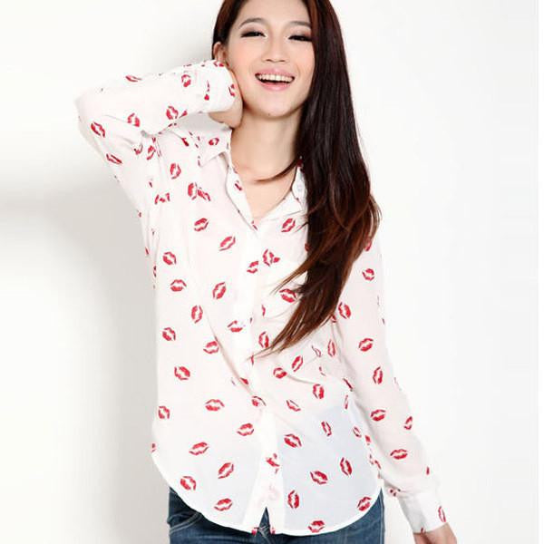 Women Chiffon blouses Kiss Red Lip Printed Blouses Tops Long Sleeve Shirt Plus Size