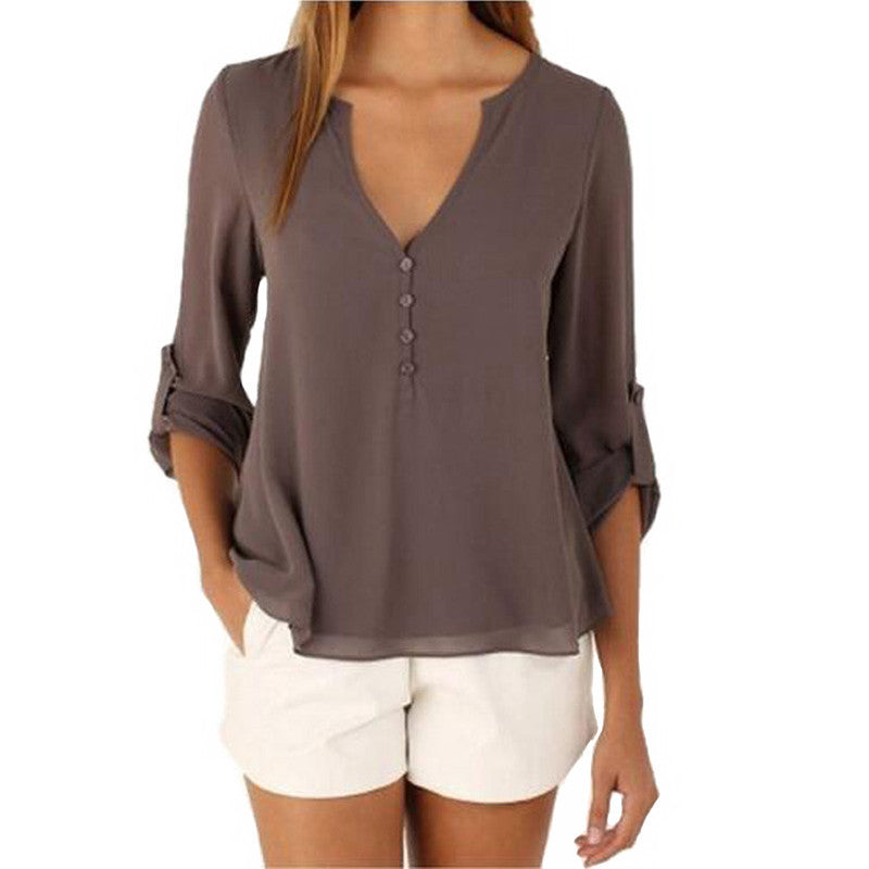 Women's Fashion V-neck Long-sleeved Plus Size Temperament Chiffon Shirt Casual Irregular Shirt