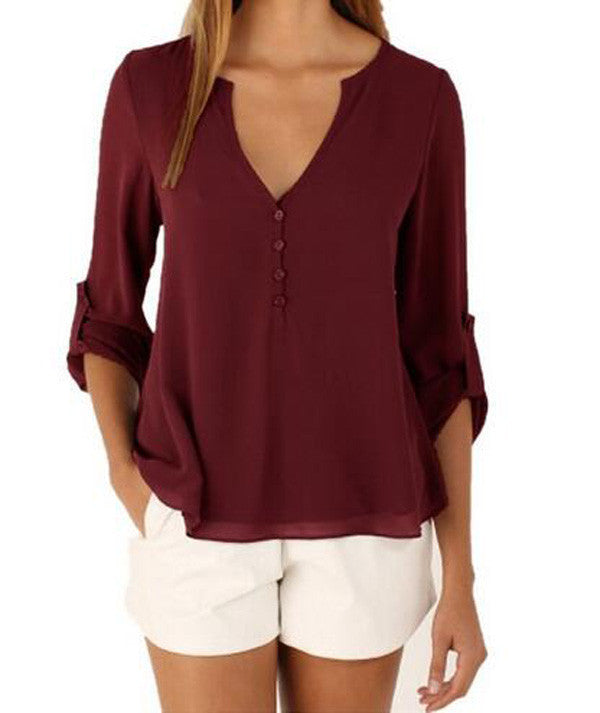 Women's Fashion V-neck Long-sleeved Plus Size Temperament Chiffon Shirt Casual Irregular Shirt