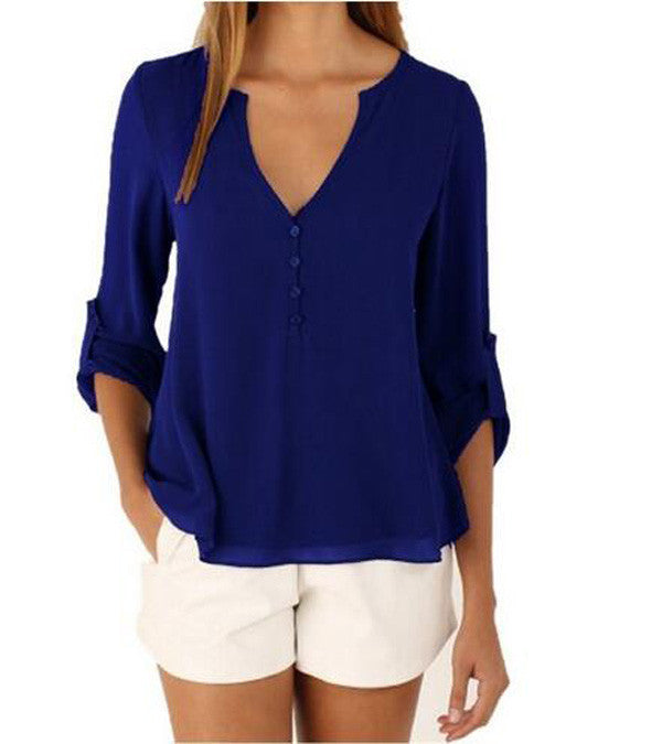 Women's Fashion V-neck Long-sleeved Plus Size Temperament Chiffon Shirt Casual Irregular Shirt