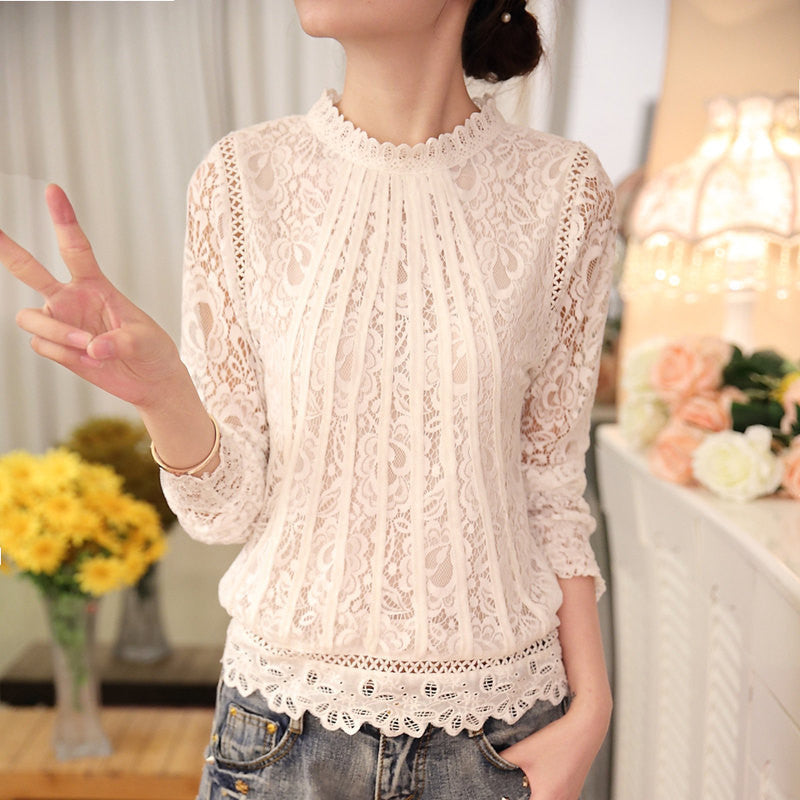 Women's Long Sleeve Lace Floral Chiffon Tops Shirts Casual Lace Blouses