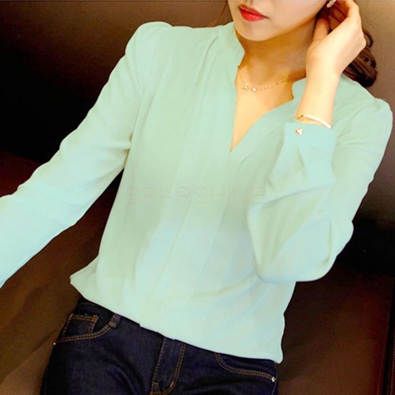 Womens Long Sleeve White Elegant Chiffon Blouse Shirt Ladies V-Neck Blouses Female Office Plus Size