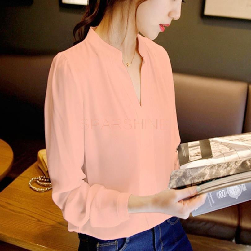 Womens Long Sleeve White Elegant Chiffon Blouse Shirt Ladies V-Neck Blouses Female Office Plus Size