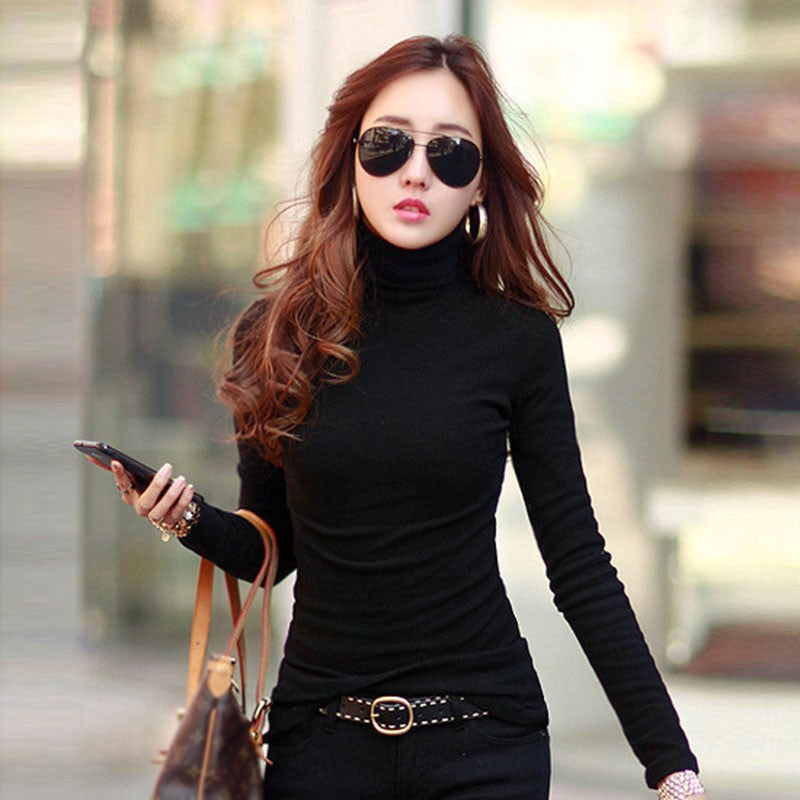 Online discount shop Australia - Fashion Women Long Sleeve Solid Bottoming Shirt Turtleneck Cotton Stretch Base Tops Blouse