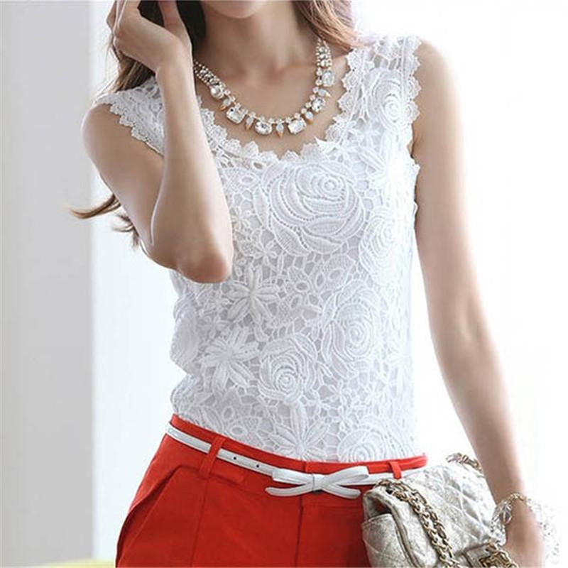 Women chic lace blouse shirt fashion female body work wear sleeveless sheer clothing