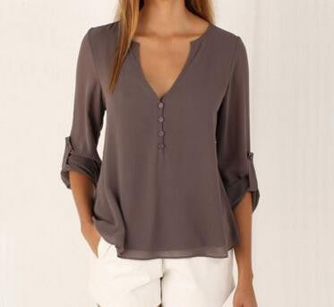 Online discount shop Australia - Blouse New long-sleeved V-neck chiffon shirt loose Women Casual Solid Shirts